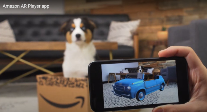 Amazon, Screenshot der App - Hund sitzt in Amazon-Paket