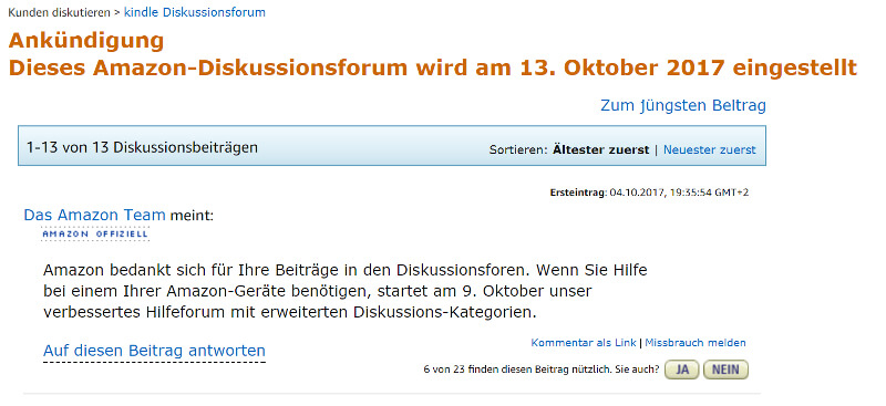 Screenshot: Beitrag im Amazon Kindle-Diskussionsforum 