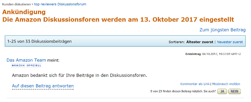 Screenshot: Amazon-Beitrag in Amazon Diskussionsforum