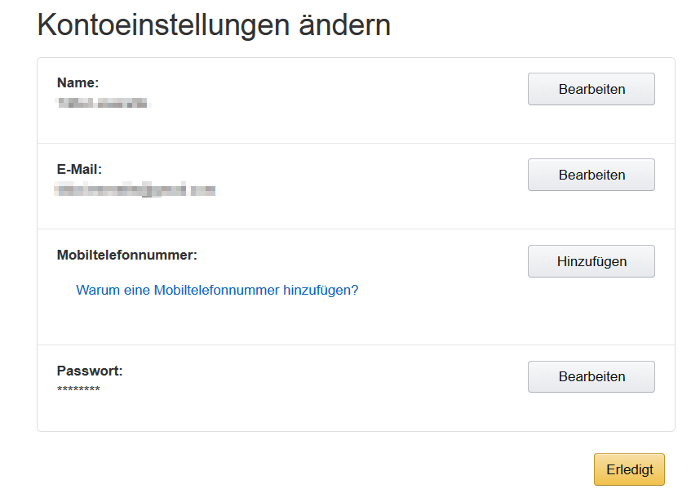 Kontoeinstellungen Amazon Deutschland, Screenshot