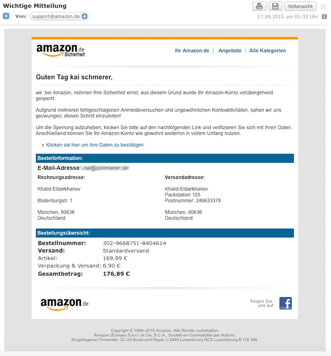 Die Phishing-Mail von Amazon