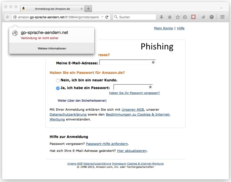 Phishing-Seite der Kriminellen