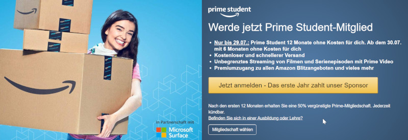 Screenshot der Amazon Prime Student Seite