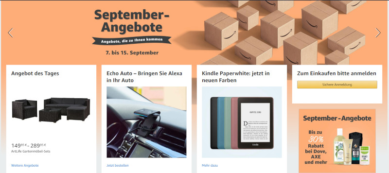 Amazon, Screenshot der Homepage: September Angebote 