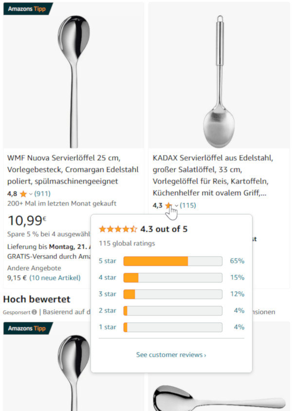 Amazon, Screenshot (18.08.2023): Neue Darstellung der Sterne-Bewertung in der Desktop-Suche 