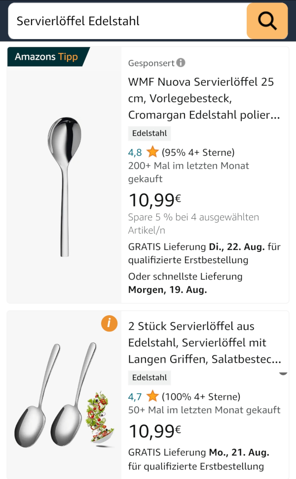 Amazon, Screenshot (18.08.2023): Neue Darstellung der Sterne-Bewertung in der mobilen Suche