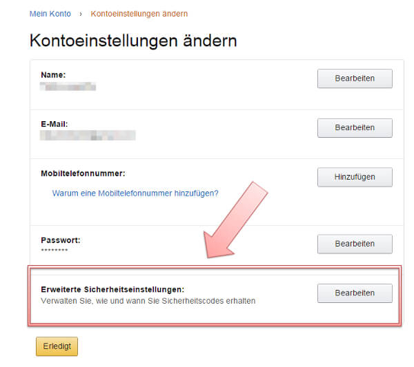 Sicherheitseinstellungen bei Amazon, Screenshot 