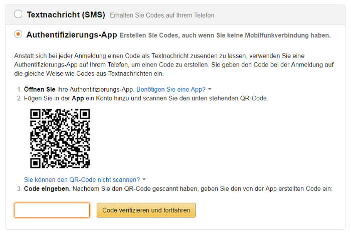 Zwei-Faktor-Authentifizierung bei Amazon: App, Screenshot 