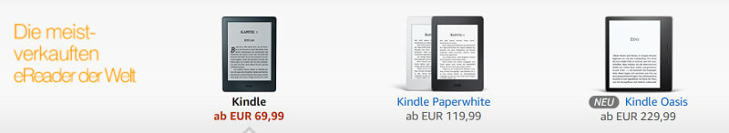 Amazon: Auflistung verschiedener Kindle Geräte