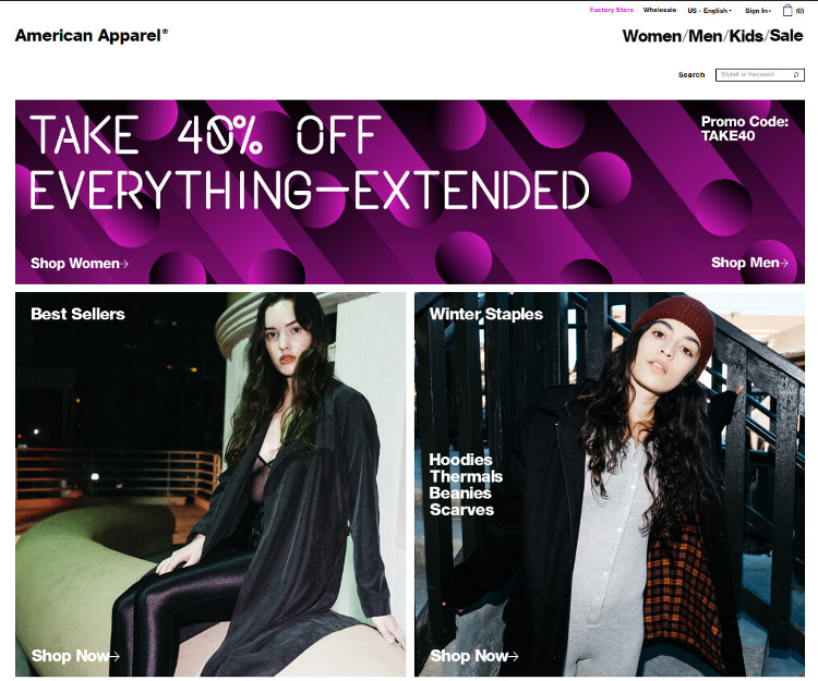 Screenshot der website American Apparel