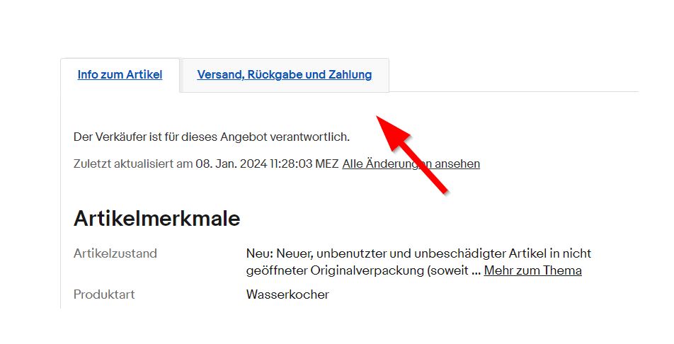 Darstellung der Widerrufsbelehrung bei Ebay - Stand: 08.01.2024