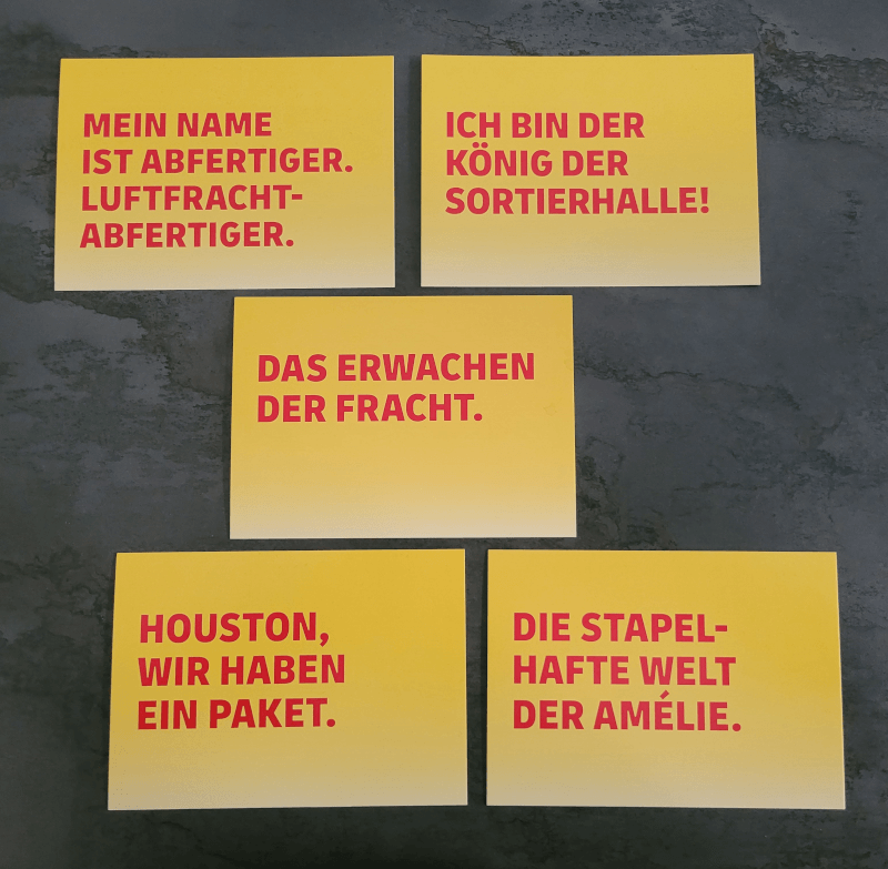 Personalkampagne: Postkarten der DHL mit lustigen Filmsprüchen