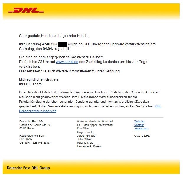 Screenshot Original E-Mail von DHL