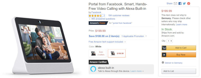 Screenshot des Facebook-Lautsprechers Portal auf Amazon