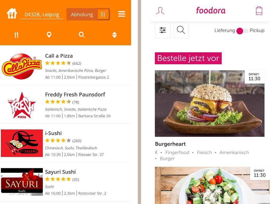 Gegenüberstellung: Screenshots Lieferando und Foodora