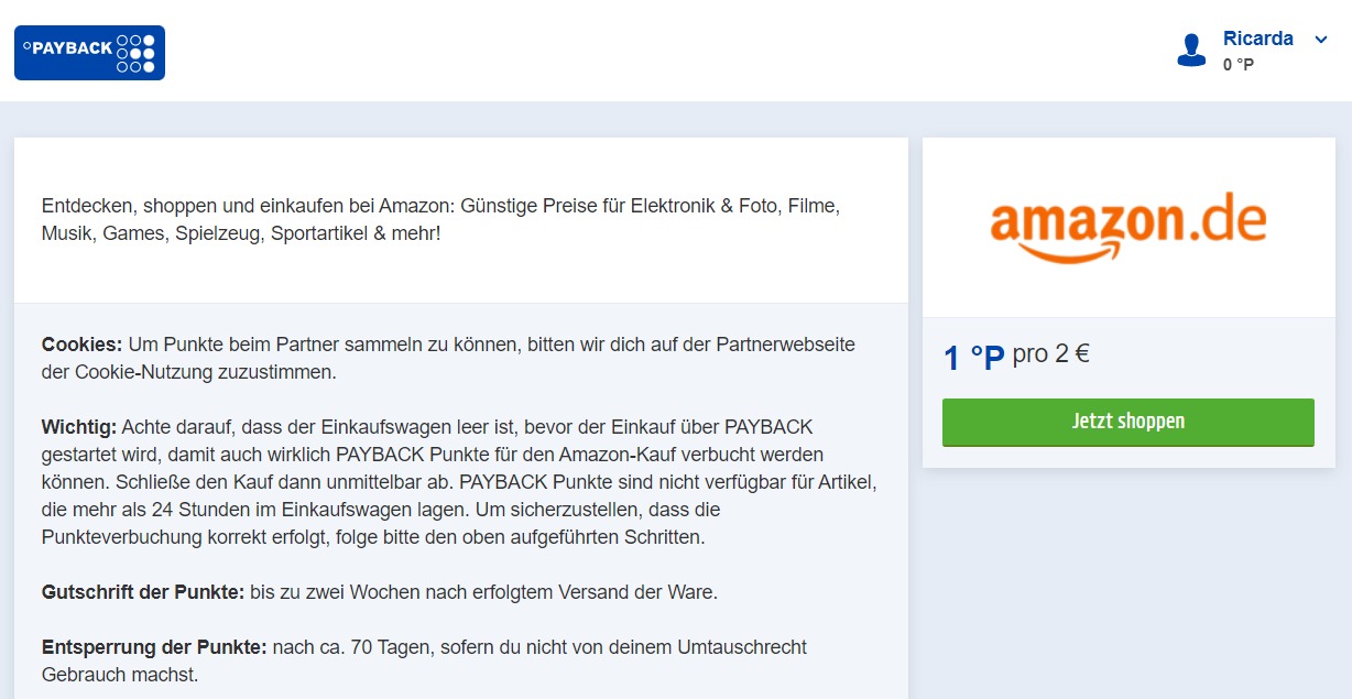 Payback Weiterleitung zu Amazon