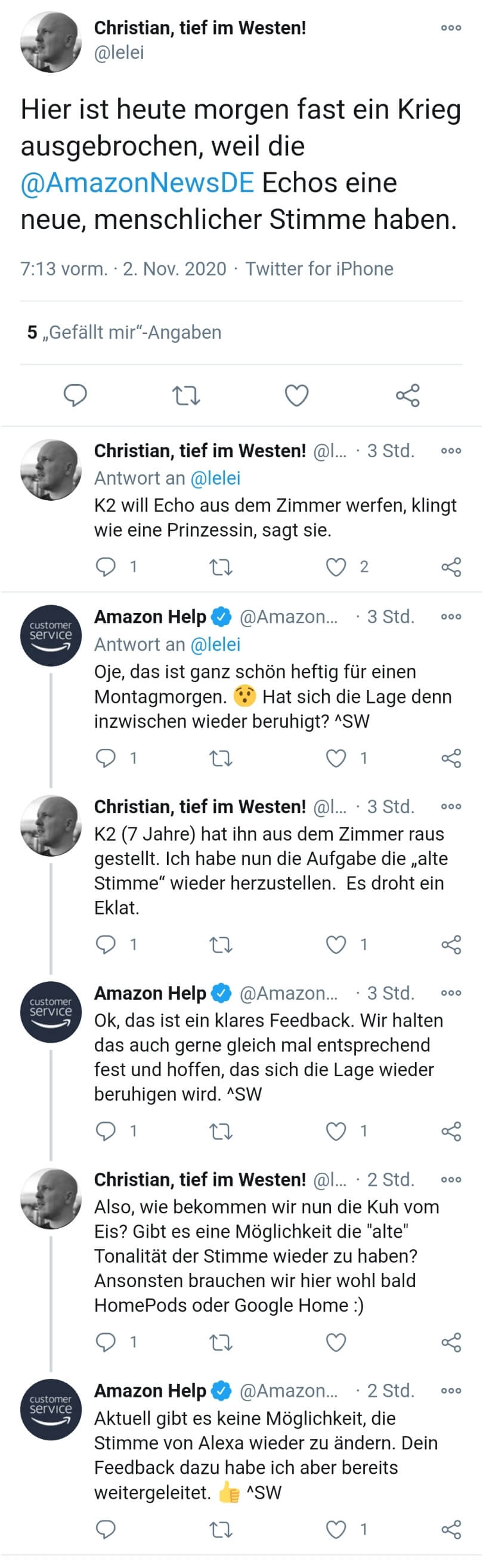 Twitter-Unterhaltung über neue Stimme von Alexa, Screenshot