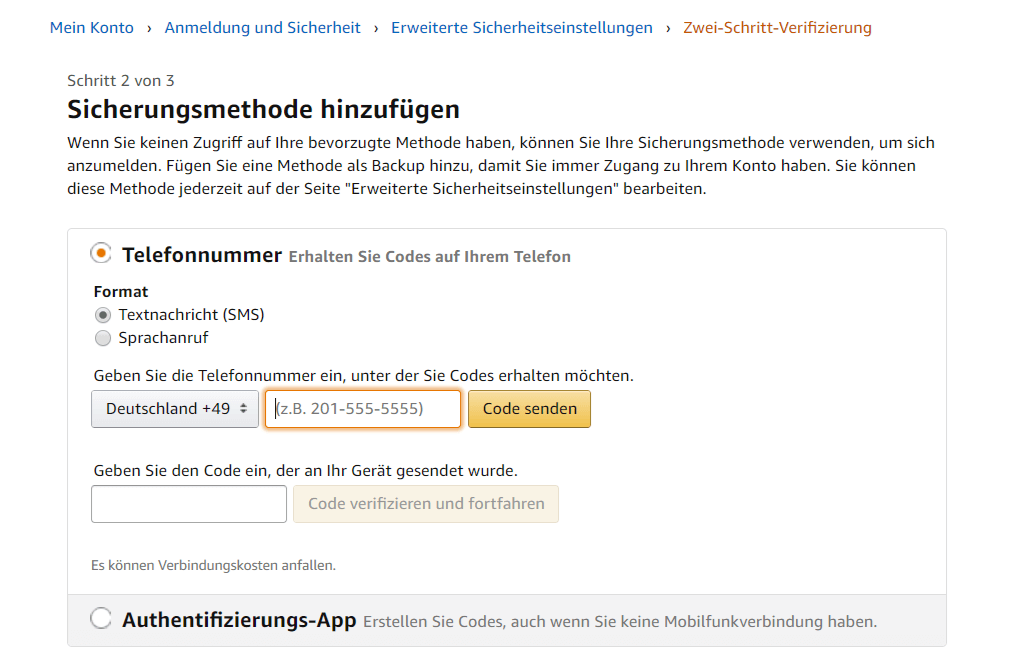 Zwei-Schritt-Verifizierung Amazon