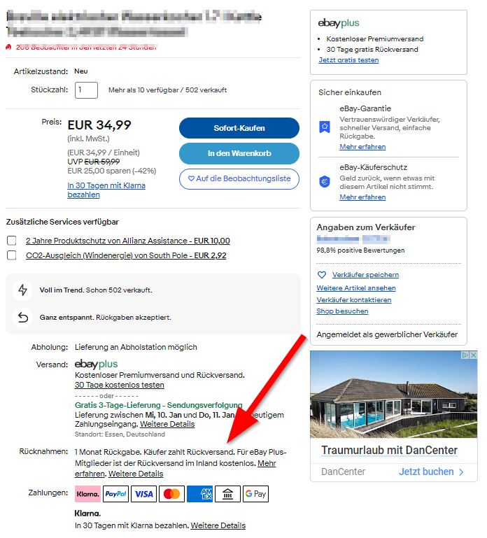 Darstellung der Widerrufsbelehrung bei Ebay - Stand: 08.01.2024