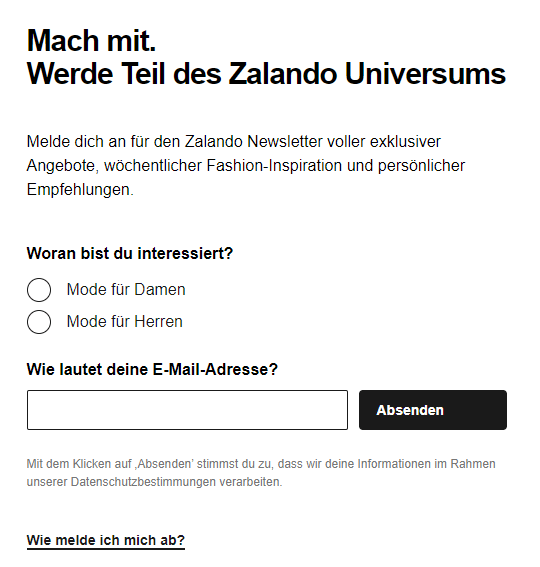 Newsletter-Anmeldung bei Zalando / Screenshot Zalando