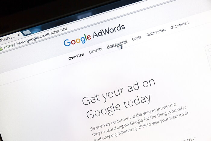 Google Adwords website on a computer screen.