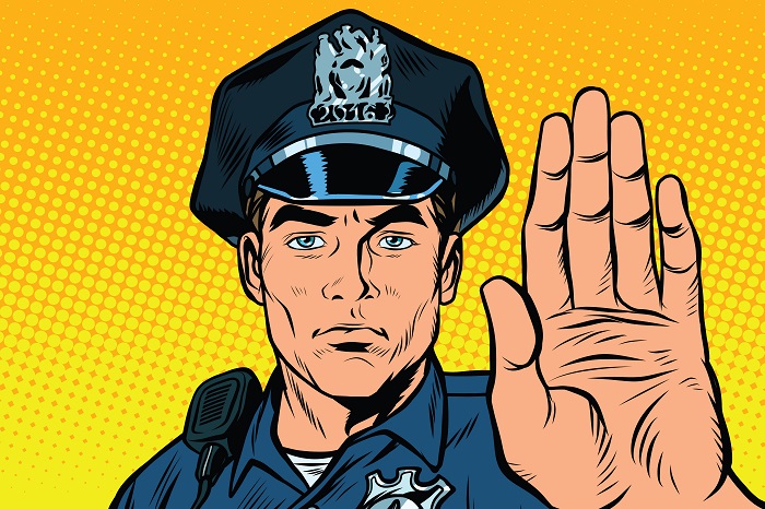 Retro police officer stop gesture, pop art retro